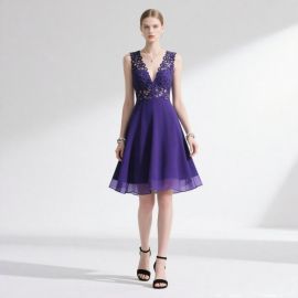 Elegant Purple Lace Deep V-Neck Sleeveless Flared Dress