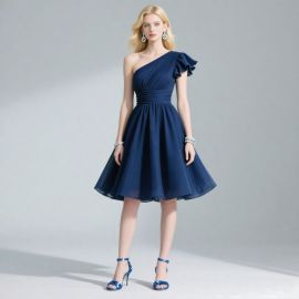 Navy Blue One - Shoulder Ruffled Knee - Length Party Dress