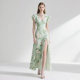 Mint Green Floral Print Maxi Dress: V-Neck, Ruffled Sleeves & High Slit - Summer Style