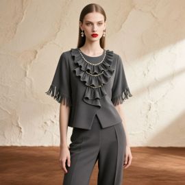 Elegant Gray Ruffled Blouse with Beaded Accents & Fringe Sleeves