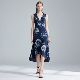 Navy Blue Floral Print Sleeveless V-Neck High-Low Hem Midi Dress