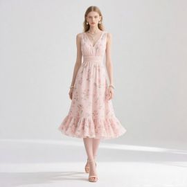 Romantic Pink Floral Sleeveless V-Neck Ruffled Midi Dress