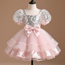 Pink Sequin Puff Sleeve Tutu Dress with Big Bow - Princess Party Wedding Gown for Girls