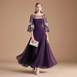 Purple Evening Gown with Lace & Beaded Sleeves - Elegant Flowy Maxi Dress for Formal Occasions