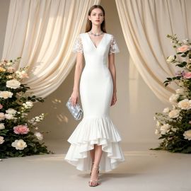 White Mermaid Dress with Lace Sleeves & High-Low Hem - Elegant Evening Gown