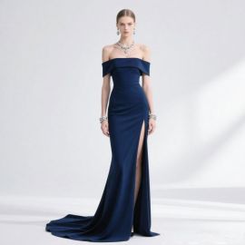 Navy Blue Off - Shoulder Evening Gown with High Slit & Train