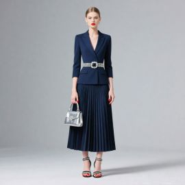 Elegant Navy Blue Blazer & Pleated Skirt Set with Rhinestone Belt - Chic Office Wear