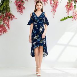 Chic Navy Blue Floral Print Cold Shoulder Asymmetric Hem Dress