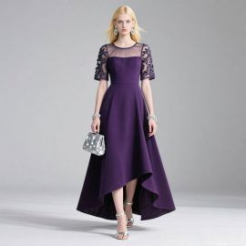Elegant Purple High-Low Hem Dress with Lace Sleeves & Mesh Neckline - Evening Gown