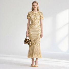 Gold Sequined Fringe Midi Dress | Short Sleeve Elegant Evening Gown for Formal Occasions