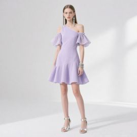 Lavender One - Shoulder Dress with Ruffled Sleeves & Flared Hem - Chic Summer Style