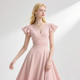 Romantic Pink V-Neck Dress with Ruffled Sleeves & Cinched Waist