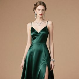 Elegant Green Satin Spaghetti Strap Maxi Dress with High Slit