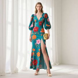 Teal Floral Print Maxi Dress: Puff Sleeves, Deep V-Neck & High Slit - Chic Women's Evening Wear