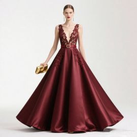 Elegant Burgundy Deep V-Neck Lace Satin Evening Gown with Belt