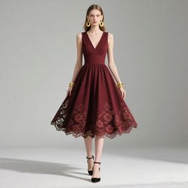 Burgundy Sleeveless V-Neck Midi Dress with Lace Floral Hem - Elegant Vintage Style