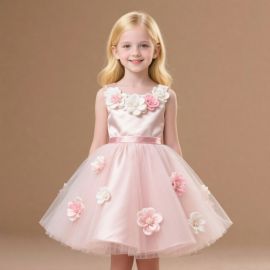 Girls Pink Floral Tutu Dress - Party Princess Gown with 3D Flowers