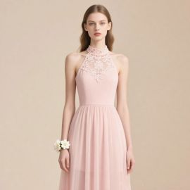 Elegant Pink Halter Neck Lace Dress - Ideal for Bridesmaids & Formal Events
