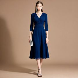 Elegant Navy Blue V - Neck Midi Dress with 3/4 Sleeves & Cinched Waist