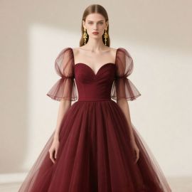 Elegant Burgundy Tulle Gown with Puff Sleeves - Formal Evening Dress