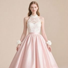 Romantic Pink Satin & Lace Halter Neck Gown - Elegant Wedding Bridesmaid Dress