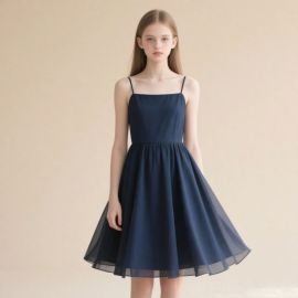 Elegant Navy Blue Spaghetti Strap A-Line Dress: Flowy Skirt for Summer Occasions