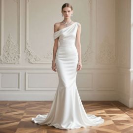Elegant One - Shoulder Satin Mermaid Wedding Dress with Train