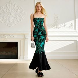 Spaghetti Strap Black Mermaid Gown with Green Floral Embroidery
