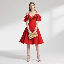 Elegant Red Off - Shoulder Ruffled Midi Dress for Evening & Party Occasions