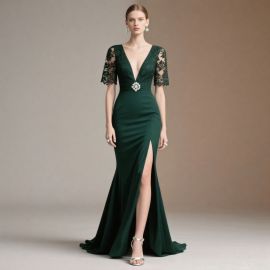 Emerald Green Lace Sleeves Deep V-Neck Slit Evening Gown