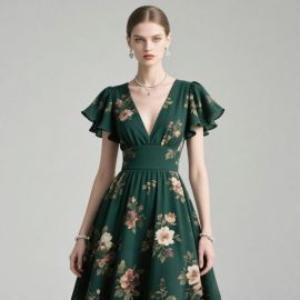 Emerald Green Floral Print V-Neck Ruffled Sleeve Midi Dress - Elegant Summer Style