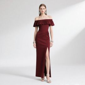 Elegant Burgundy Off - Shoulder Ruffled Slit Maxi Dress for Evening Events