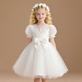 Charming Girls White Lace Dress: Puffy Sleeves, Big Bow & Tulle Skirt for Weddings/Parties