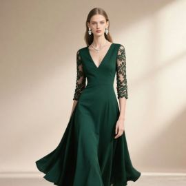 Elegant Emerald Green Maxi Dress with Lace Sleeves & V - Neck for Formal Occasions
