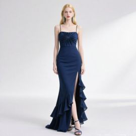 Elegant Navy Blue Spaghetti Strap Mermaid Gown with Ruffled Hem & High Slit