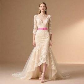 Elegant Lace V - Neck Long Sleeve Wedding Dress with Pink Belt & High - Low Hem