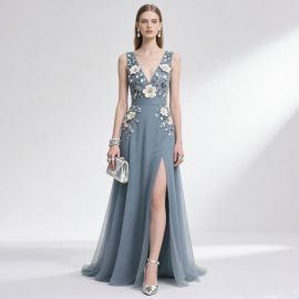 Elegant Blue Floral Embroidery Deep V Neck High Slit Evening Gown