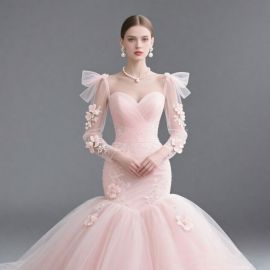 Elegant Pink Mermaid Wedding Dress: Lace Floral Details & Tulle Sleeves Design