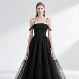 Elegant Black Off - Shoulder Tulle Gown with Spaghetti Straps