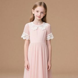 Elegant Girls Pink Dress with Lace Collar & Sleeves - Chiffon Skirt Kids Formal Wear