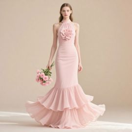 Elegant Pink Mermaid Gown: Halter Neck Floral Detail & Flowy Tiered Skirt
