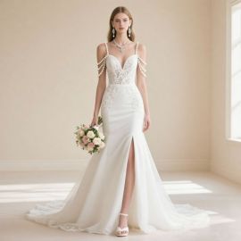 Elegant Pearl Strap Lace Mermaid Wedding Dress with High Slit - Chic Bridal Gown