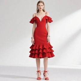 Chic Red Off - Shoulder Ruffled Midi Dress - Elegant & Flattering Design