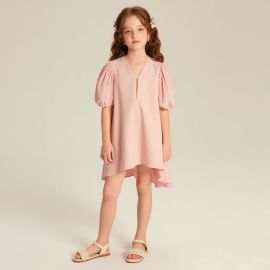 Girls Pink V-Neck Dress with Puff Sleeves & Asymmetric Hem - Summer Casual Style