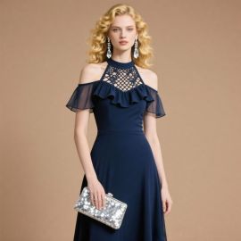 Elegant Navy Blue Off - Shoulder Gown with Lace Cutout & Ruffled Sleeves