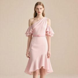 Elegant Pink One - Shoulder Ruffled Sleeve High - Low Hem Midi Dress