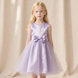 Lavender Kids Sleeveless Satin Tulle Dress with Bow - Elegant Flower Girl Gown