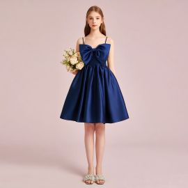 Navy Blue Spaghetti Strap Short Dress with Big Bow for Girls