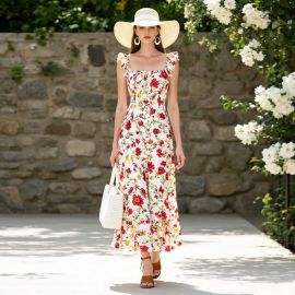 Floral Print Square Neck Ruffled Sleeve Summer Maxi Dress