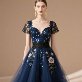 Navy Blue Sequined Evening Gown with Lace Sleeves & Floral Embroidery - Elegant Formal Dress